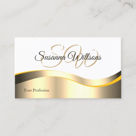 Classic White Wavy Gold Decor met Initialen Deluxe Visitekaartje (Voorkant)
