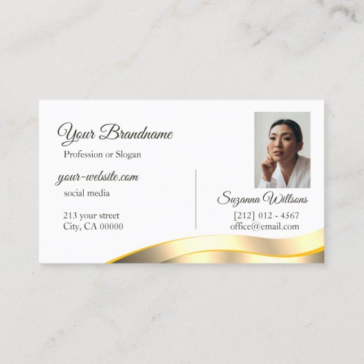 Classic White Wavy Gold Decor met Initialen Foto Visitekaartje (Achterkant)