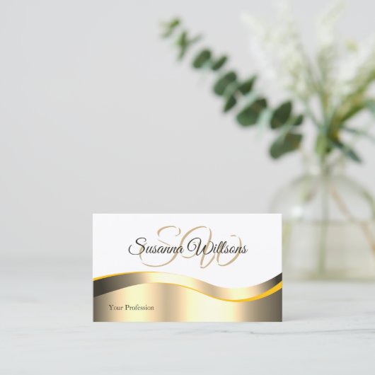 Classic White Wavy Gold Decor met Initialen Foto Visitekaartje (Staand voorkant)