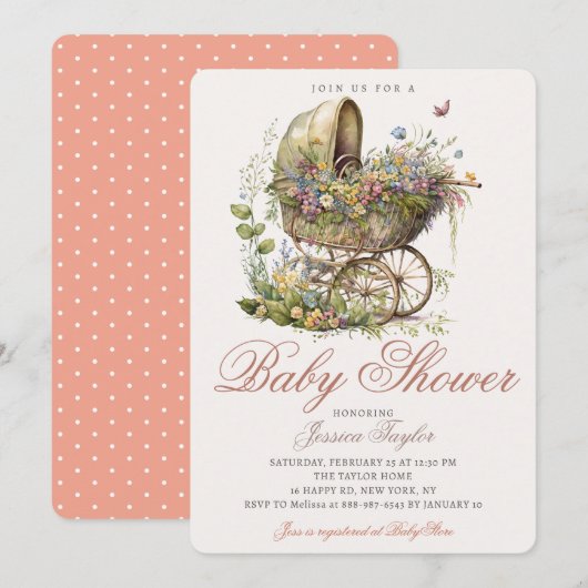 Classic Wicker Stroller Floral Girl Baby shower Kaart (Voorkant / Achterkant)
