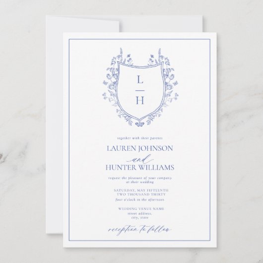 Classic Wildflower Monogram Crest Wedding Kaart (Voorkant)