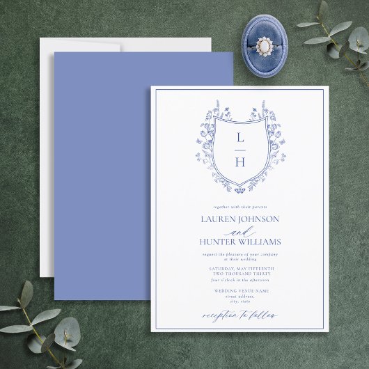 Classic Wildflower Monogram Crest Wedding Kaart