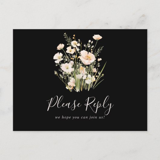 Classic Wildflower Zwart Menu Keuze RSVP Briefkaar (Voorkant)