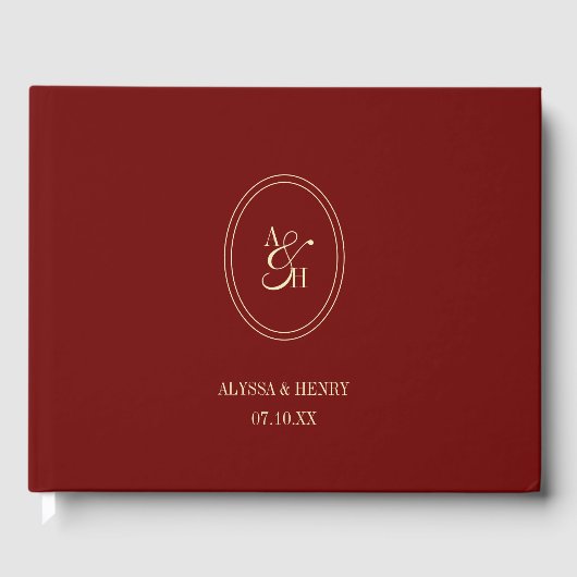 Classic Wine Red Monogram Custom Wedding Gastenboek (Voorkant)
