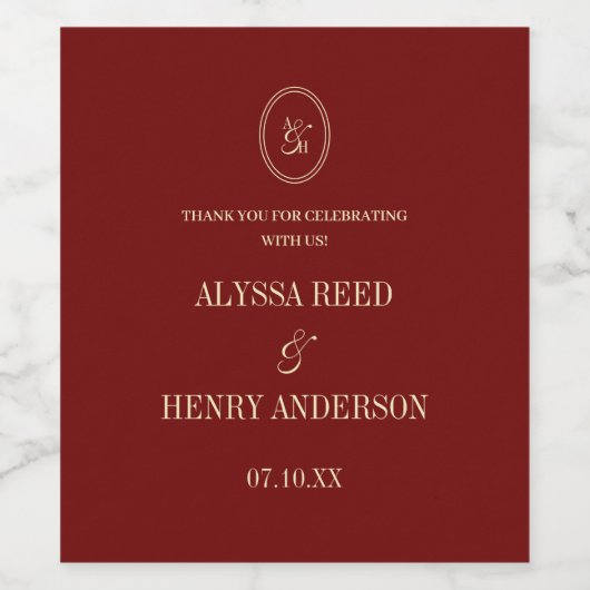 Classic Wine Red Monogram Wedding Thanks Wijn Etiket (Enkel label)
