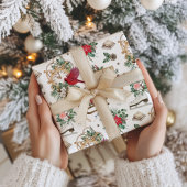 Classic Winter Clock and Poinsettia Christmas  Cadeaupapier