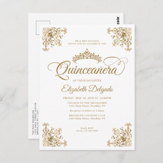  Classic Wit Goud Lijst Tiara Quinceanera Briefkaart (Voorkant / Achterkant)