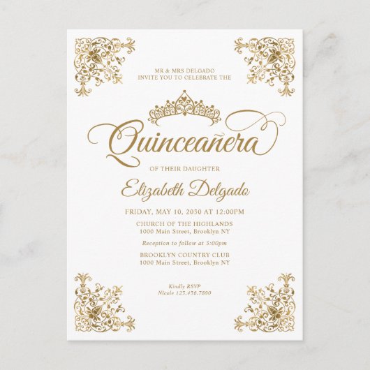  Classic Wit Goud Lijst Tiara Quinceanera Briefkaart (Voorkant)