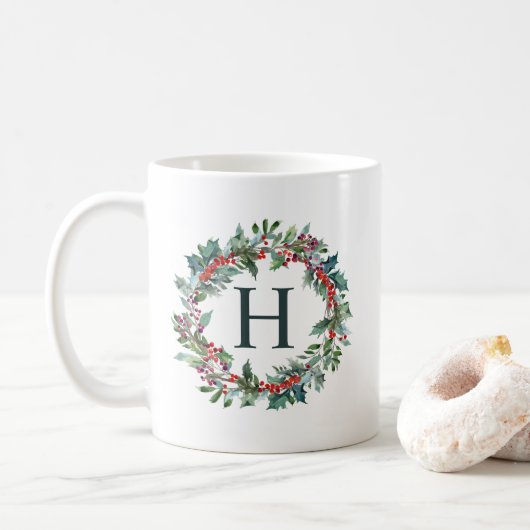 Classic Wreath Holiday Monogram Koffiemok (Met donut)