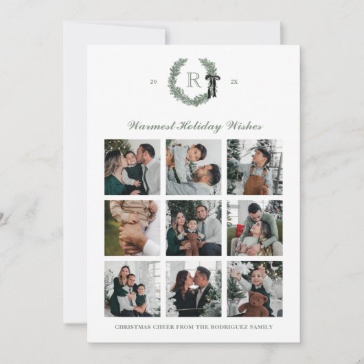 Classic Wreath Monogram Multi-Photo Holiday Kaart (Voorkant)