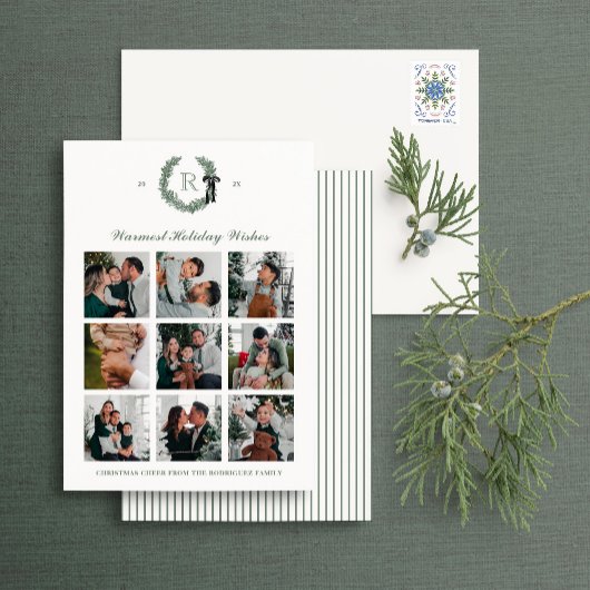 Classic Wreath Monogram Multi-Photo Holiday Kaart