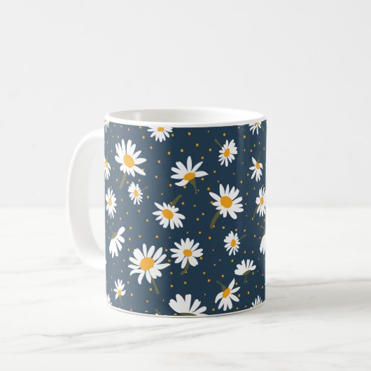 Classic Yellow White Daisy Flowers Navy Koffiemok (Voorkant links)