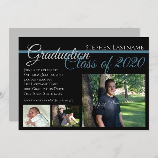 Classic Zwart Afstuderen Tri-Photo Kaart (Voorkant / Achterkant)