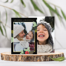 Classic zwart botanische twee foto kerst Kaart