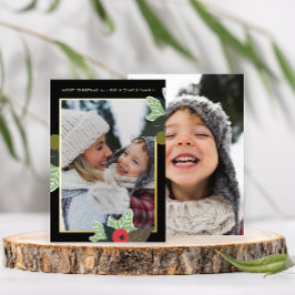 Classic zwart botanische twee foto kerst Kaart