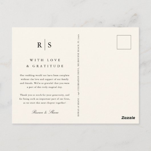 Classic Zwart & Ecru Monogram Bruiloft Dank u Briefkaart (Achterkant)