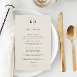 Classic Zwart & Ecru Monogram Bruiloft Menu<br><div class="desc">Deel uw bruiloft receptie menu details in elegante stijl met deze monogram bruiloft menu's in warm ivoor ecru met uw initialen in de traditionele serif zwarte letters,  doorsneden door een dunne verticale lijn. Pas de kop- en menu-items die door de cursus zijn gerangschikt aan.</div>