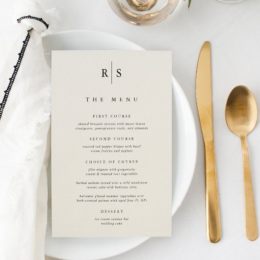 Classic Zwart & Ecru Monogram Bruiloft Menu