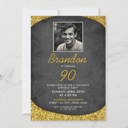 Classic Zwart & Goud Foto 90e Verjaardag Kaart (Voorkant)