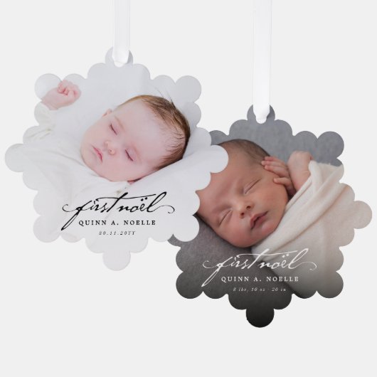Classic Zwart Script Baby Eerste Noel Foto Ornament Kaart (Voorkant / Achterkant)