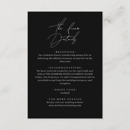 Classic Zwart Stijlvol Script Trouwdetails Informatiekaartje (Voorkant)