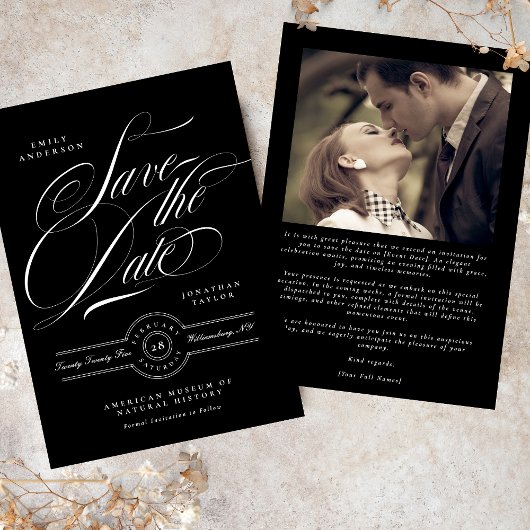 Classic zwart Stropdas Elegante kalligrafie foto Save The Date