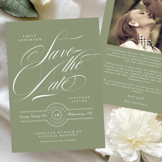 Classic Zwart Stropdas Sage Groene Kalligrafie Fot Save The Date