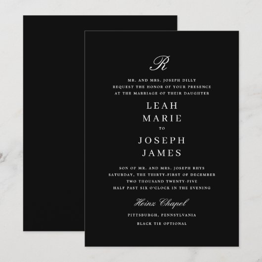 Classic Zwart Stropdas Zwart Wit Huwelijksuitnodig Kaart (Voorkant / Achterkant)