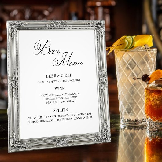Classic Zwart-wit Bar Menu 8 x 10 inch Afdrukken Foto Afdruk
