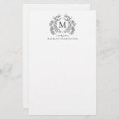 Classic Zwart Wit Bloemen  Crest Monogram Briefpapier (Voorkant / Achterkant)