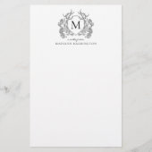 Classic Zwart Wit Bloemen  Crest Monogram Briefpapier (Voorkant)