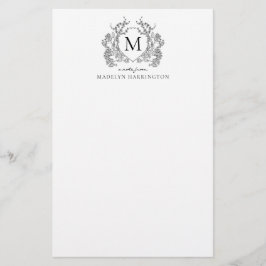 Classic Zwart Wit Bloemen Crest Monogram Briefpapier
