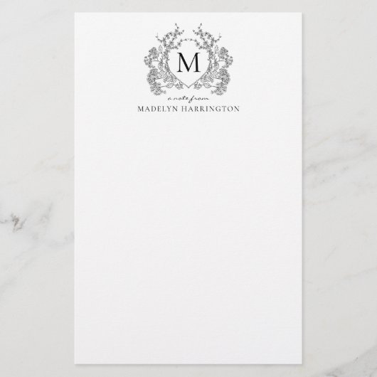 Classic Zwart Wit Bloemen  Crest Monogram Briefpapier (Voorkant)