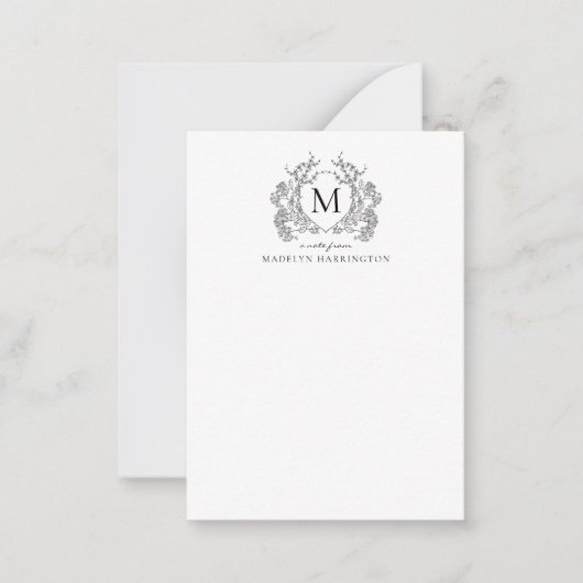 Classic Zwart Wit Bloemen  Crest Monogram Notitiekaartje (Voorkant)