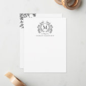 Classic Zwart Wit Bloemen  Crest Monogram Notitiekaartje (Voorkant / Achterkant in situ)