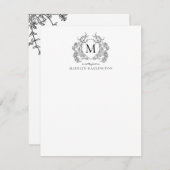 Classic Zwart Wit Bloemen  Crest Monogram Notitiekaartje (Voorkant / Achterkant)