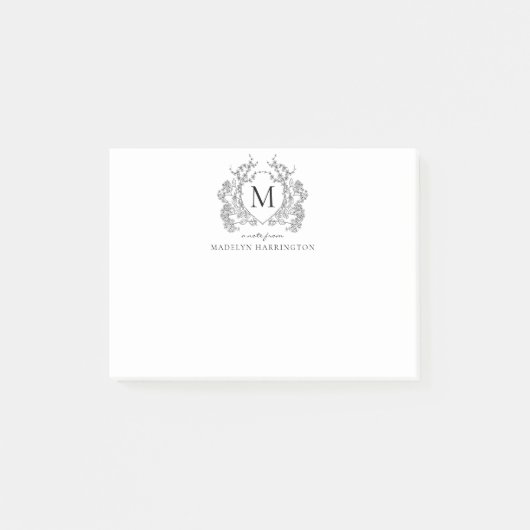 Classic Zwart Wit Bloemen Crest Monogram Post-it® Notes (Voorkant)