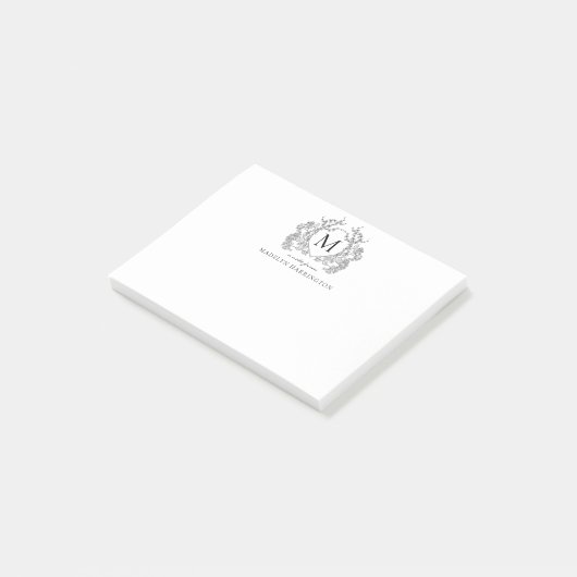Classic Zwart Wit Bloemen Crest Monogram Post-it® Notes (Schuin)