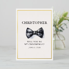 Classic Zwart-wit Bow Stropdas Groomsman Folie Uitnodiging