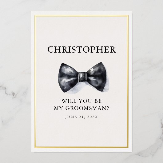 Classic Zwart-wit Bow Stropdas Groomsman Folie Uitnodiging (Voorkant)
