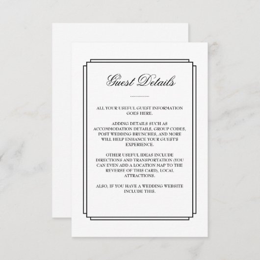 Classic Zwart Wit Bruiloft Gast Details Informatiekaartje (Voorkant / Achterkant)