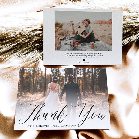 Classic zwart wit dank u 2 foto's bruiloft bedankkaart