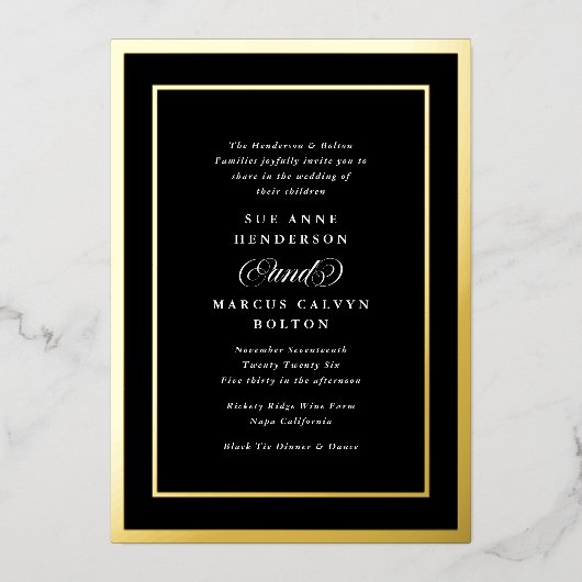 Classic Zwart Wit Formele Gouden Lijsten Bruiloft Folie Uitnodiging (Voorkant)
