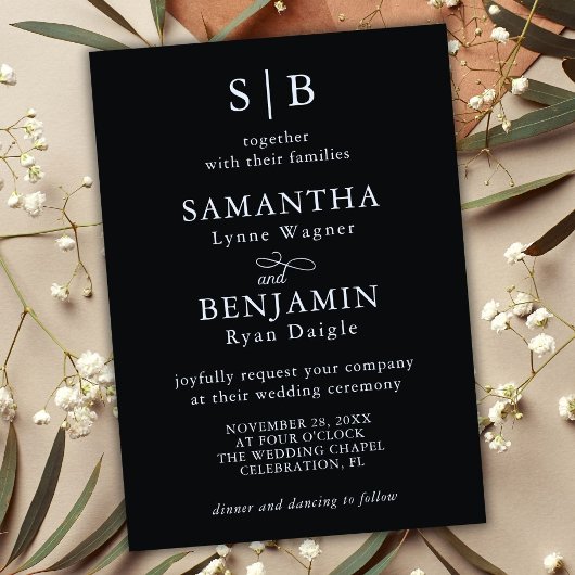 Classic Zwart-wit Monogram Initialen Bruiloft Kaart