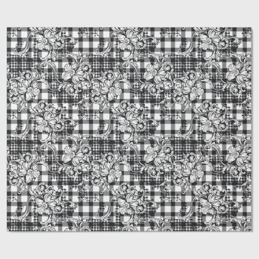 Classic Zwart-wit Ornamenten Houndstooth Cadeaupapier (Vlak)