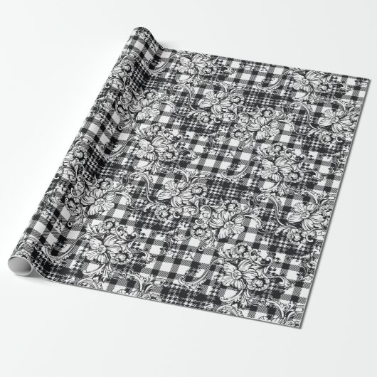 Classic Zwart-wit Ornamenten Houndstooth Cadeaupapier (Uitgerold)