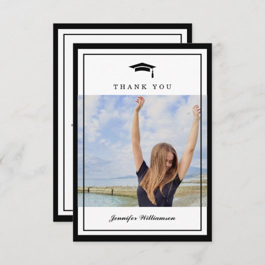 Classic Zwart & Wit Script Afstuderen Foto Bedankkaart (Voorkant / Achterkant)