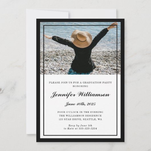 Classic Zwart & Wit Script Afstuderen Twee Foto Kaart (Achterkant)