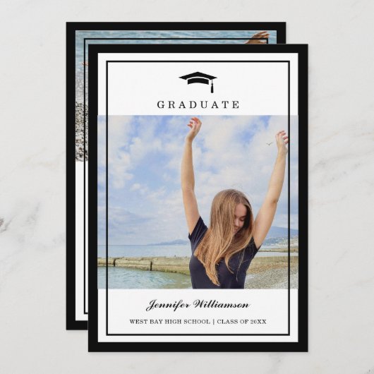 Classic Zwart & Wit Script Afstuderen Twee Foto Kaart (Voorkant / Achterkant)