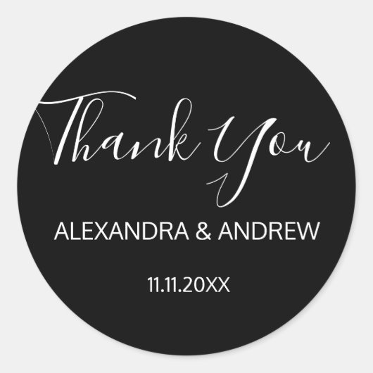 Classic Zwart & Wit Script bruiloft DANK U Ronde Sticker (Voorkant)